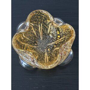 VTG Murano Bullicante Gold Flecked Glass Bowl Organic Rippled Design MCM READ